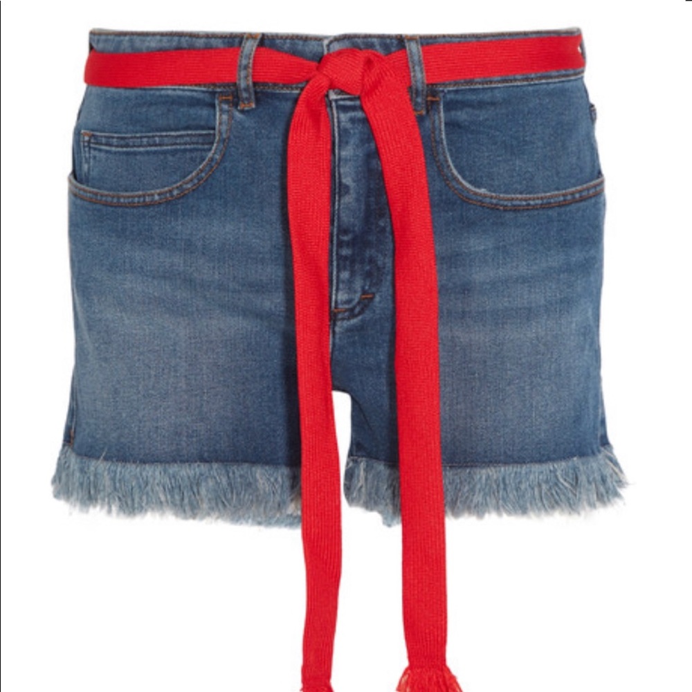 SONIA RYKIEL Woman Grosgrain-trimmed Embroidered Frayed Denim Shorts Blue